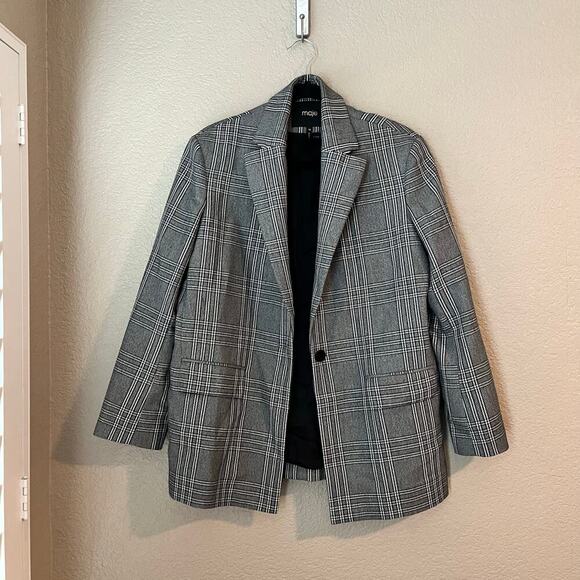 Maje Vaime Plaid Long Length Blazer Gray Black 38 EUR Medium Check Suit Jacket - Picture 2 of 11